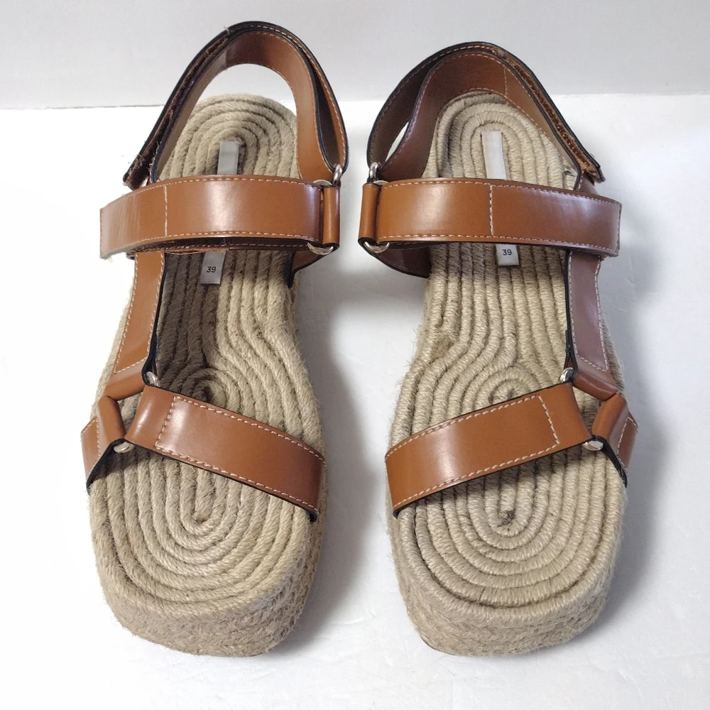 ZARA Women's Tan Jute Faux Leather Slingback Strappy Platform Sandals Brown 39 - Picture 5 of 13